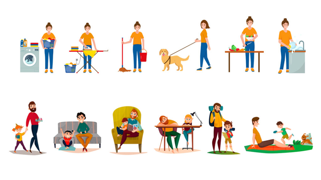 Set of scenes with woman doing housework - shopping, cooking, washing dishes, washing and ironing clothes, walking the dog and with children. Vector illustrations on white background.